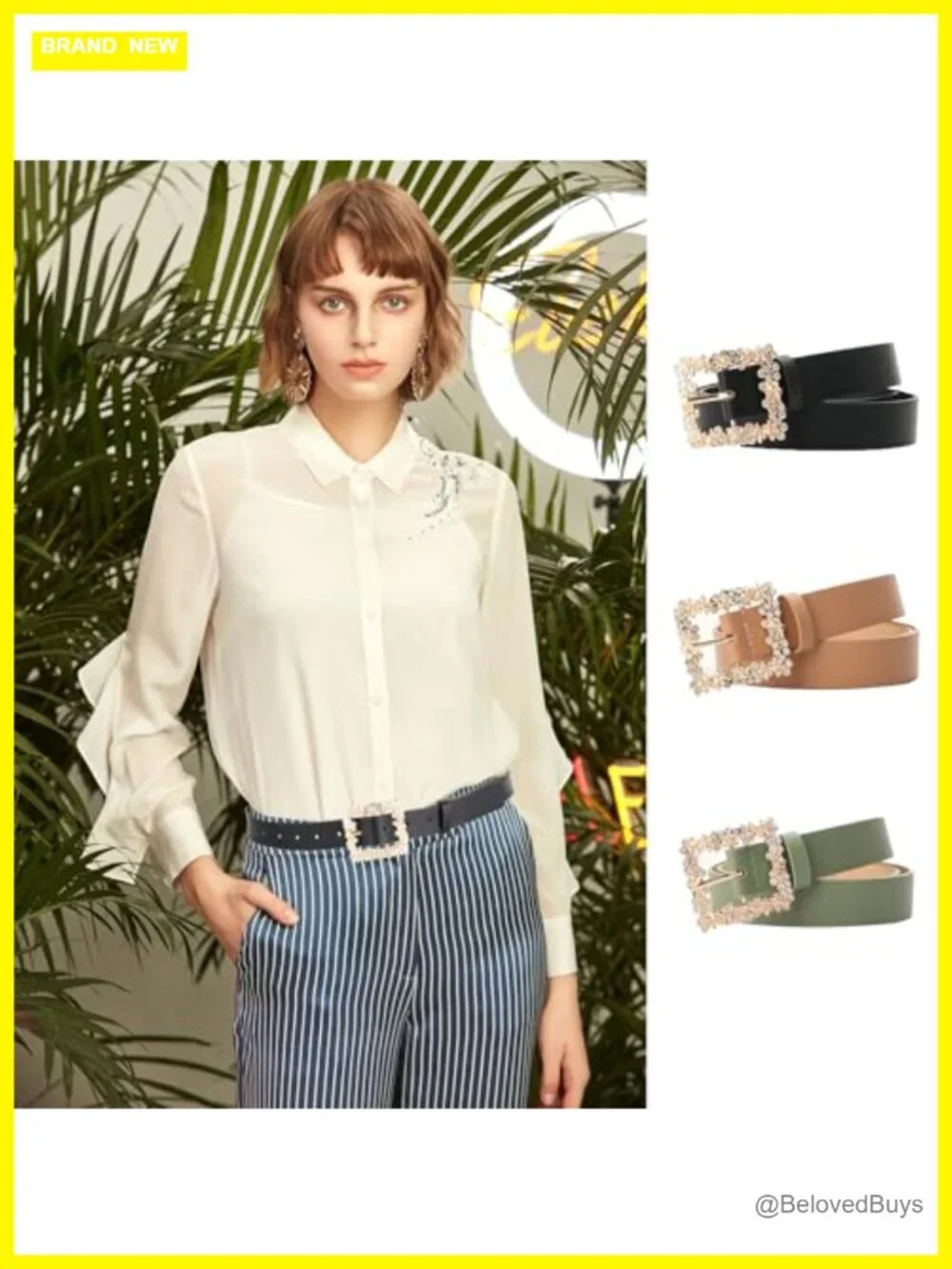Women Rhinestone Faux Leather Belt Rose Gold Square Buckle